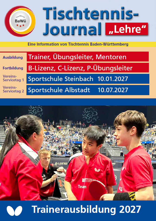 Titelseite des Tischtennis-Journals „Lehre“ von Tischtennis Baden-Württemberg zur Trainerausbildung 2027. 